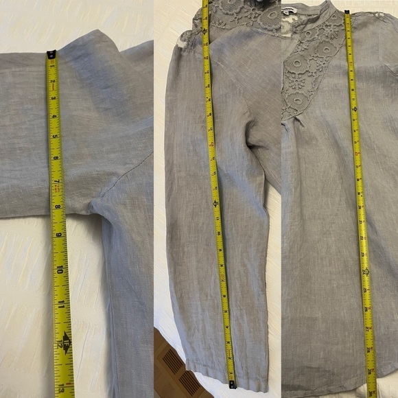 ROSEMARINE Grey Linen Blouse Roll Tab Sleeves Sheer Floral Lace Neutral Coastal - Picture 16 of 16